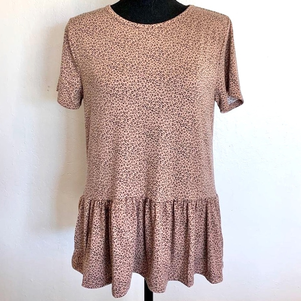 GAZE Cheetah Animal Print Peplum Blouse Short Sleeve Brown Tan Black Fitted - S